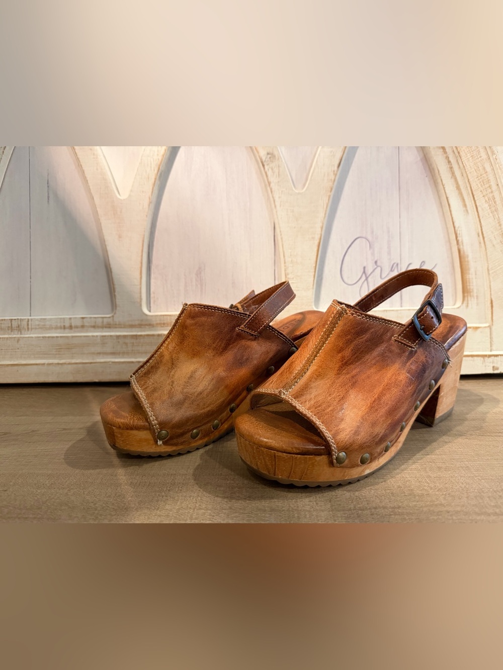 Bed Stu tan leather slingback wooden heel clog sandals size 6